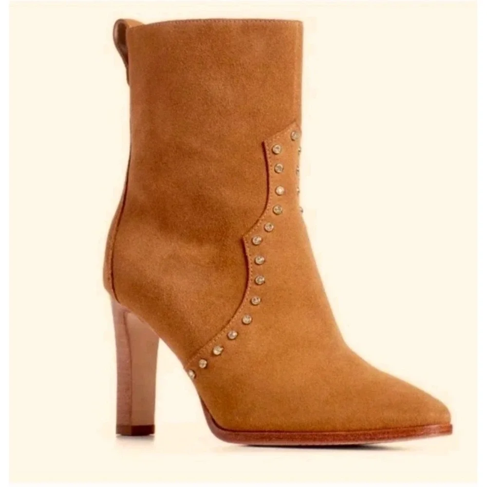 Paige Pointed Toe Casey Boots Cognac Leather Crystal Heels Women's‎ 8 Western